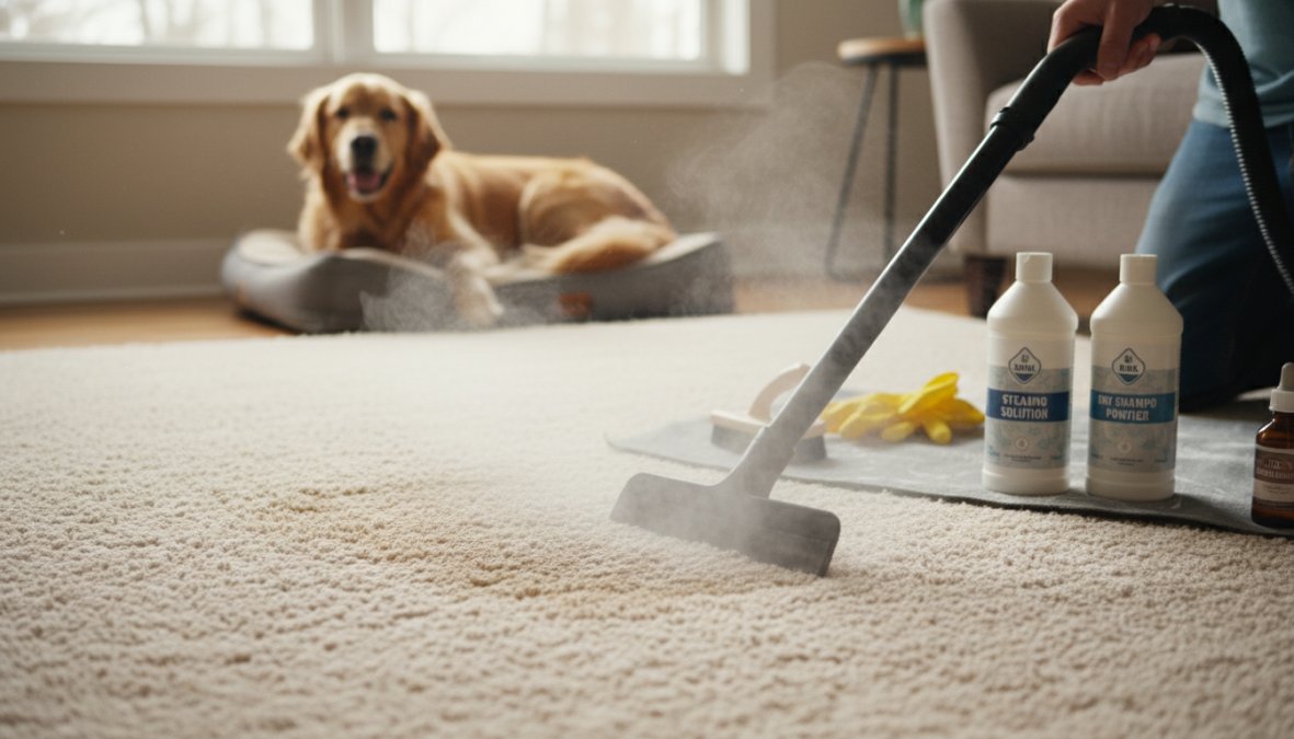 A carpet cleaning professional in work gloves treating a visible dark pet stain on a beige carpet using a cleaning wand, with a golden retriever visible in the blurred background of a bright residential living room
