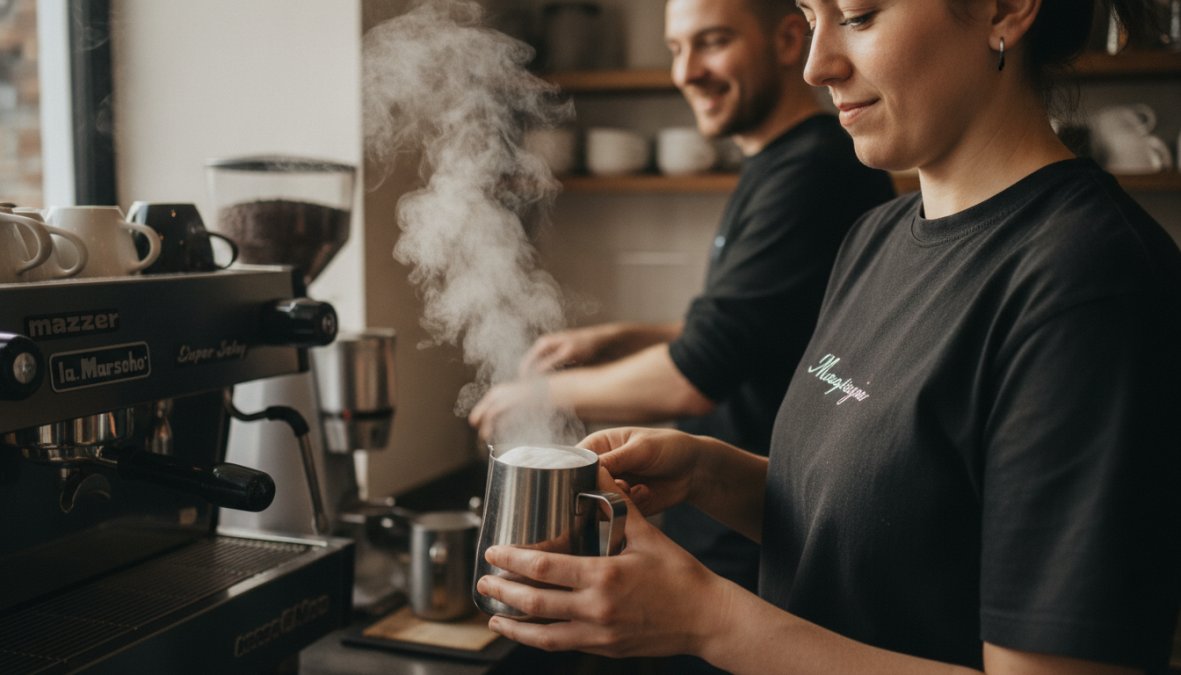 Close-up of a barista's hands holding a stainless steel milk pitcher positioned under a steam wand, with steam rising and milk beginning to froth in a professional espresso bar setting