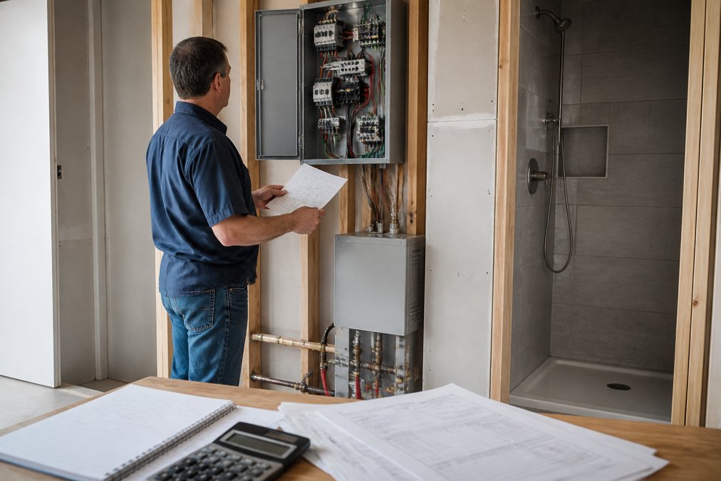 Professional installer checking wiring and steam generator specs for a steam shower vs traditional shower cost comparison
