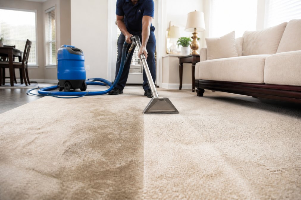 Professional technician using steam cleaning on carpet to show the difference in steam vs dry carpet cleaning.