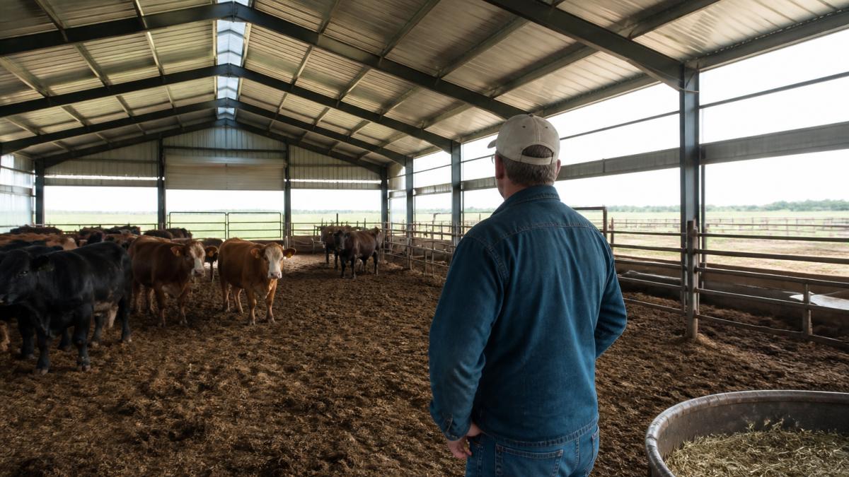 Interior of a steel livestock barn with cattle standing in clean stalls, ridge vent and sidewall openings visible, natural light coming through, farmer inspecting the space