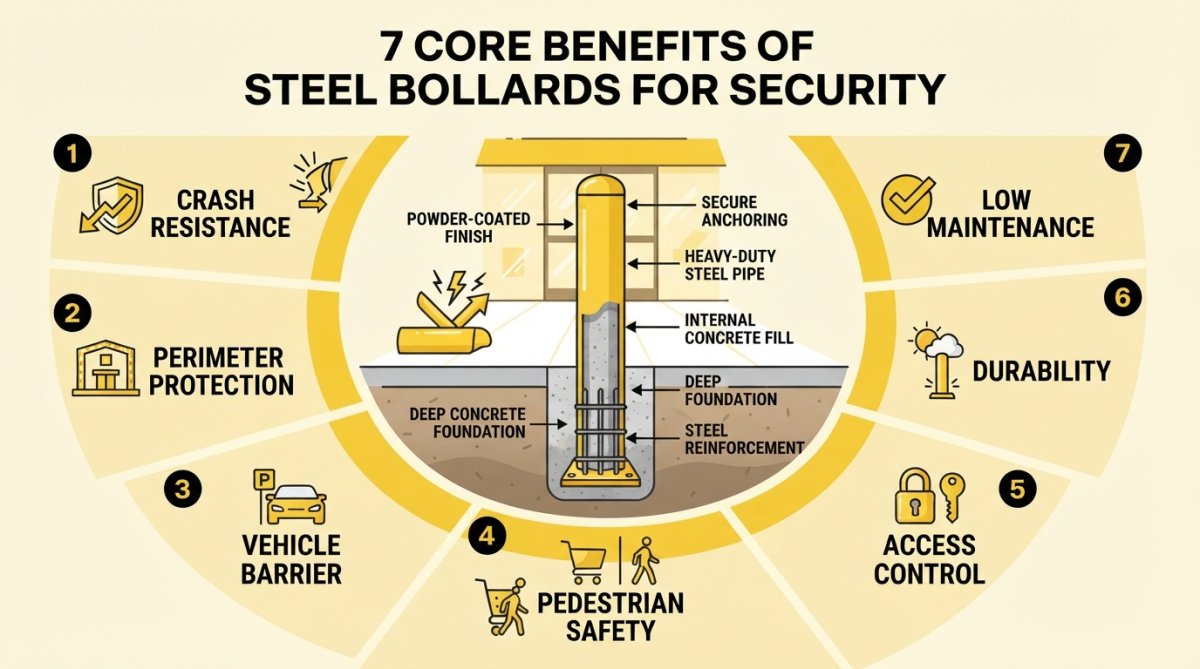 Close-up of heavy-duty steel bollard with powder-coated finish installed at commercial storefront entrance, showing structural integrity and real-world security application