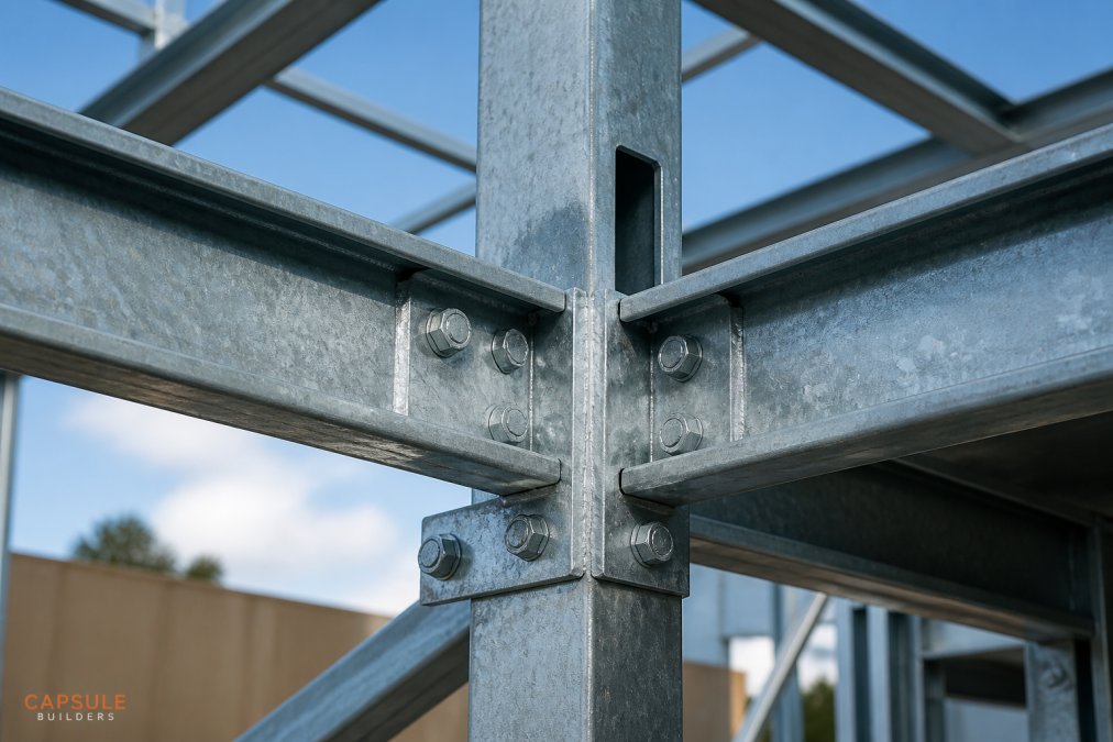 Close-up of a galvanised steel frame connection joint in a modular home under construction, showing the precision-engineered bolts and the textured zinc coating on the beams