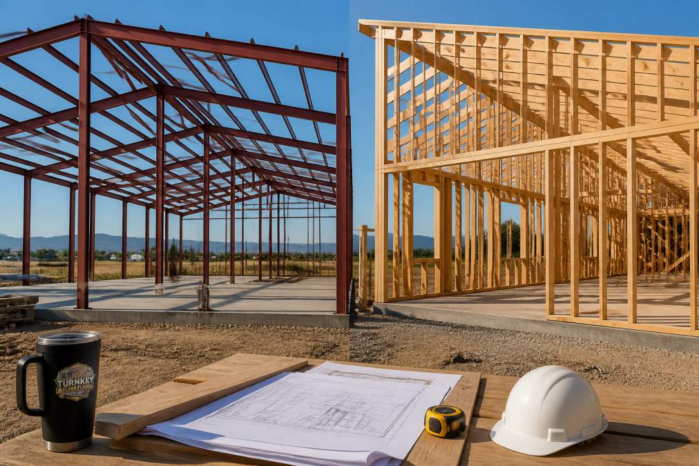 Split-view photograph showing a steel-framed barndominium shell with red iron beams on one side and a wood-framed barndominium with exposed lumber on the other, set on a rural building site under a clear sky