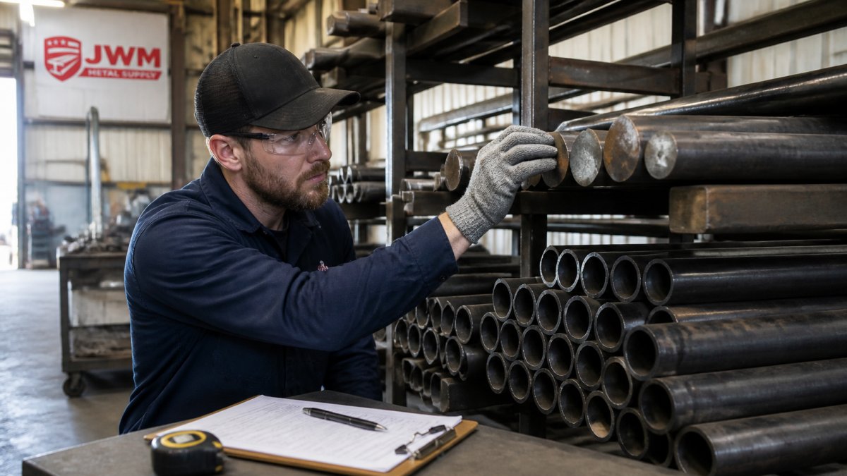 Worker in safety gear inspecting steel bar and tubing in an industrial fabrication workshop
