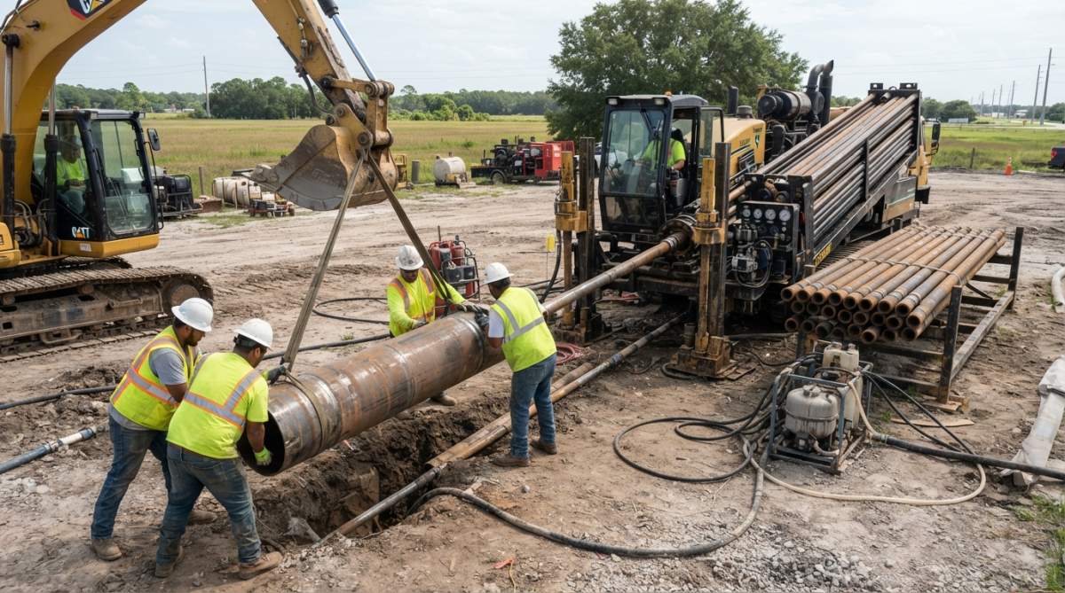 HDD rig positioned on construction site with drill pipe segments staged on ground, workers positioning casing pipe sections during underground pipeline installation in progress