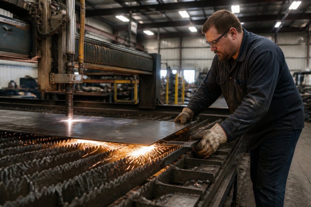 Process flow diagram illustrating essential safety steps for industrial steel plate cutting in a workshop