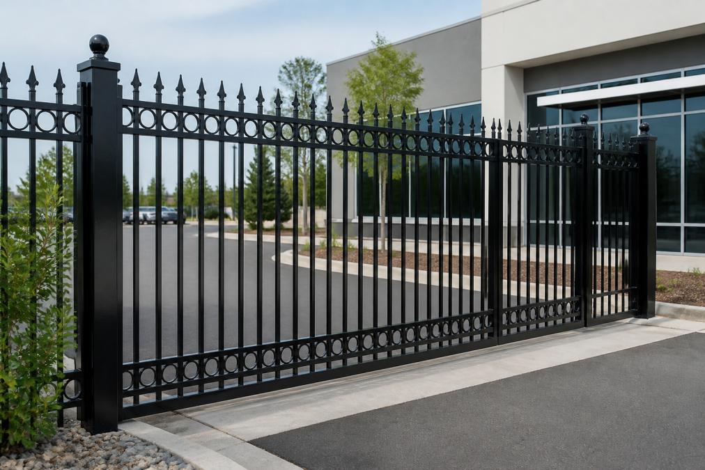 Professional security fence installation at commercial property entrance with ornamental steel panels showing structural strength and professional appearance