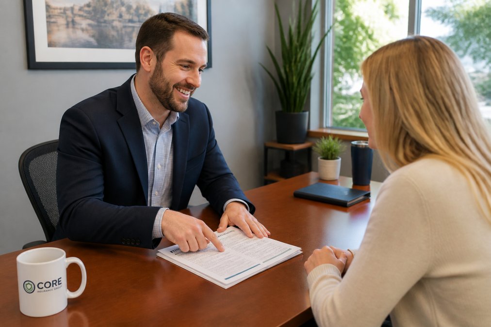 An insurance agent sitting at a desk reviewing a policy document with a client, pointing at coverage details on paper under warm office lighting