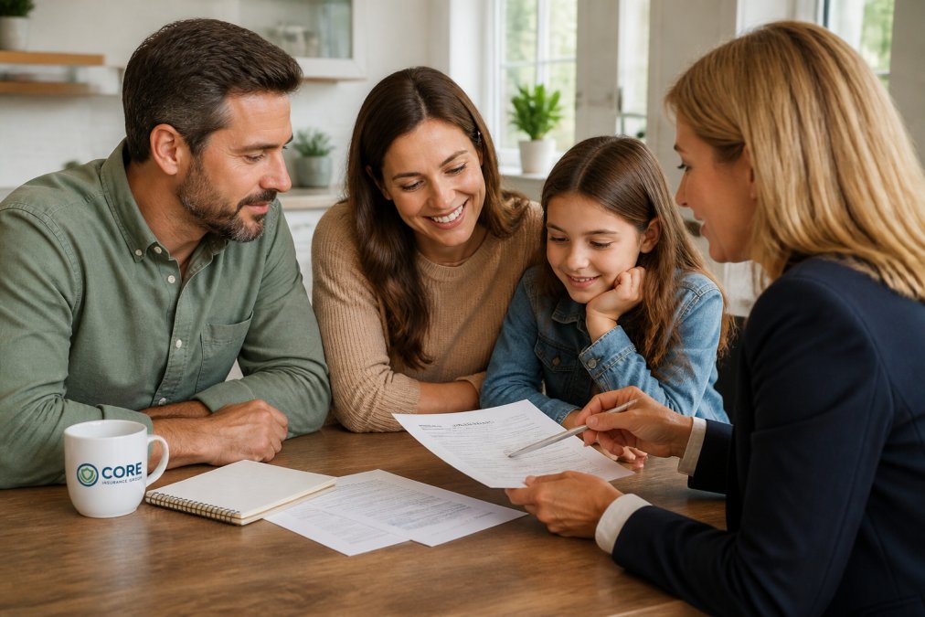 Flowchart comparing personal insurance options for families reviewing policy documents at a kitchen table