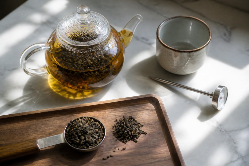 Glass teapot steeping tea with a thermometer to monitor the ideal steeping temperature on a sunlit counter.