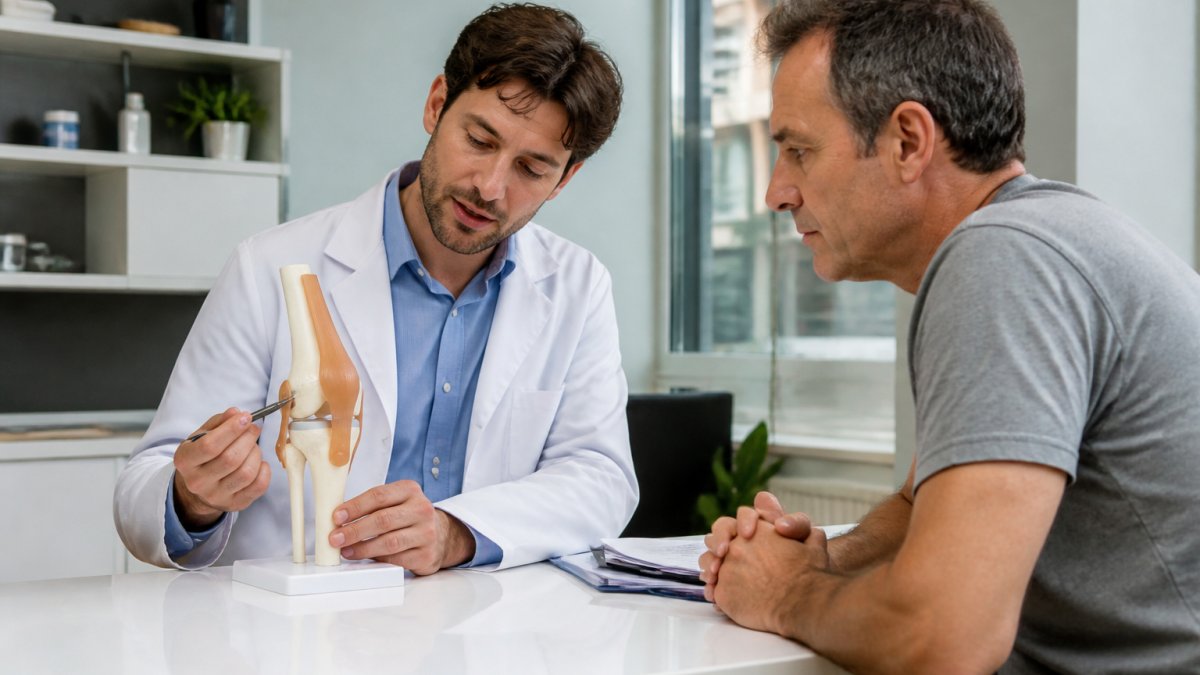 A physician in a bright, modern clinic consulting with a middle-aged patient, pointing to a knee model on the desk while the patient listens attentively