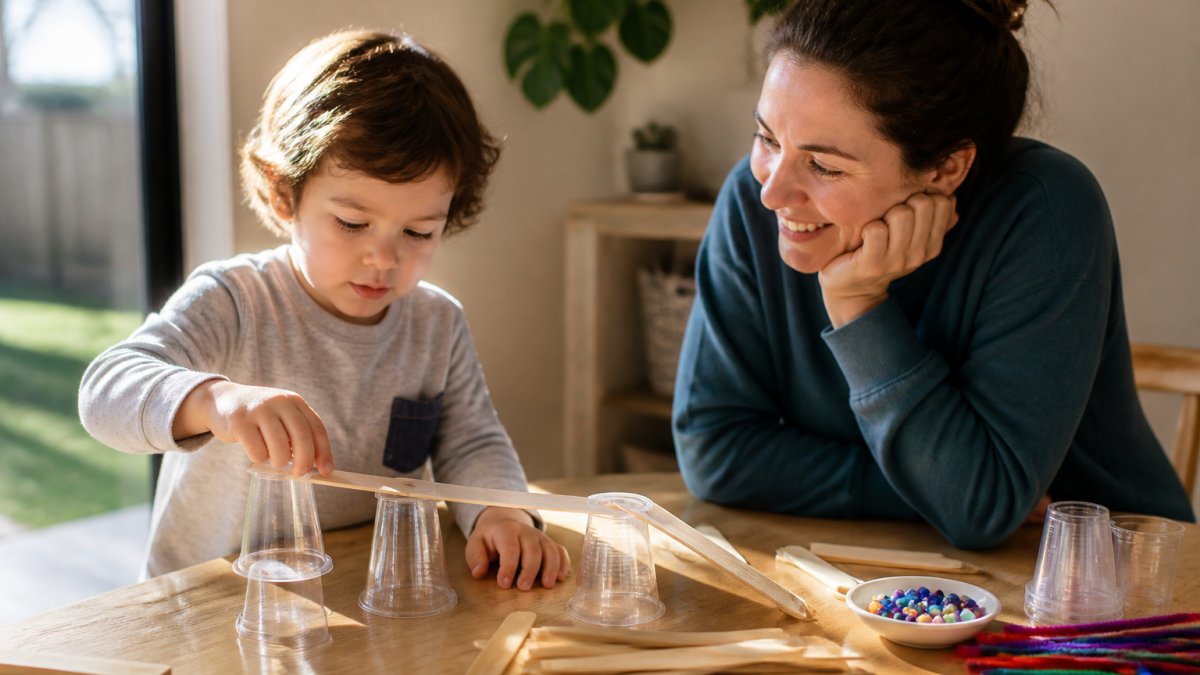 A preschool child building a small ramp structure with popsicle sticks and plastic cups on a wooden table, a parent watching and smiling nearby in warm afternoon light