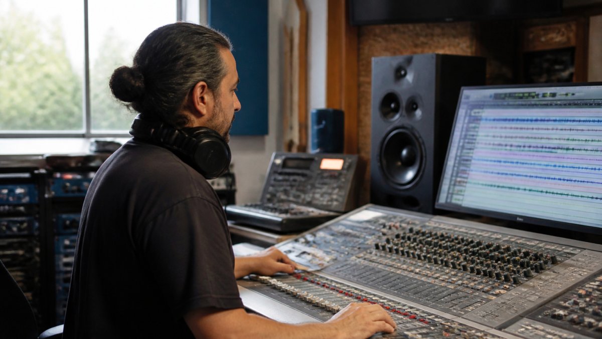 Professional audio engineer at mixing console with multiple monitors displaying DAW tracks, hands positioned near faders with headphones around neck in well-lit studio environment
