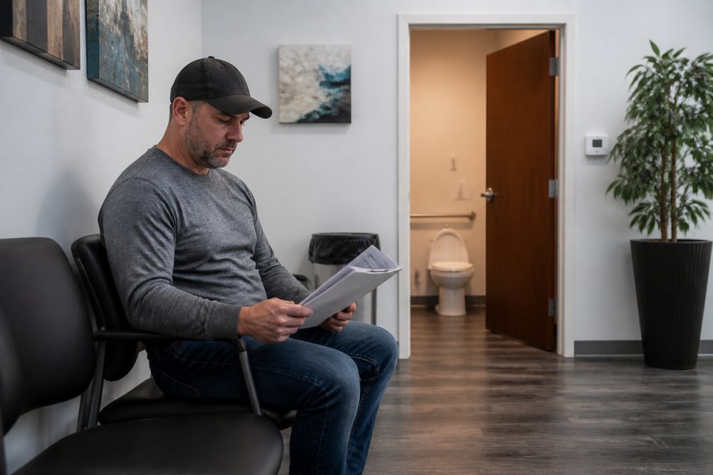 A CDL driver in casual work clothes sitting in a clean, well-lit collection site waiting area, holding paperwork, with a specimen collection room door visible in the background