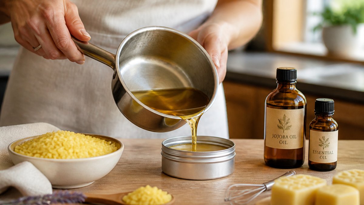A person's hands pouring melted beeswax mixture from a small saucepan into a metal mold on a kitchen counter, with bottles of jojoba oil and essential oil nearby in soft daylight