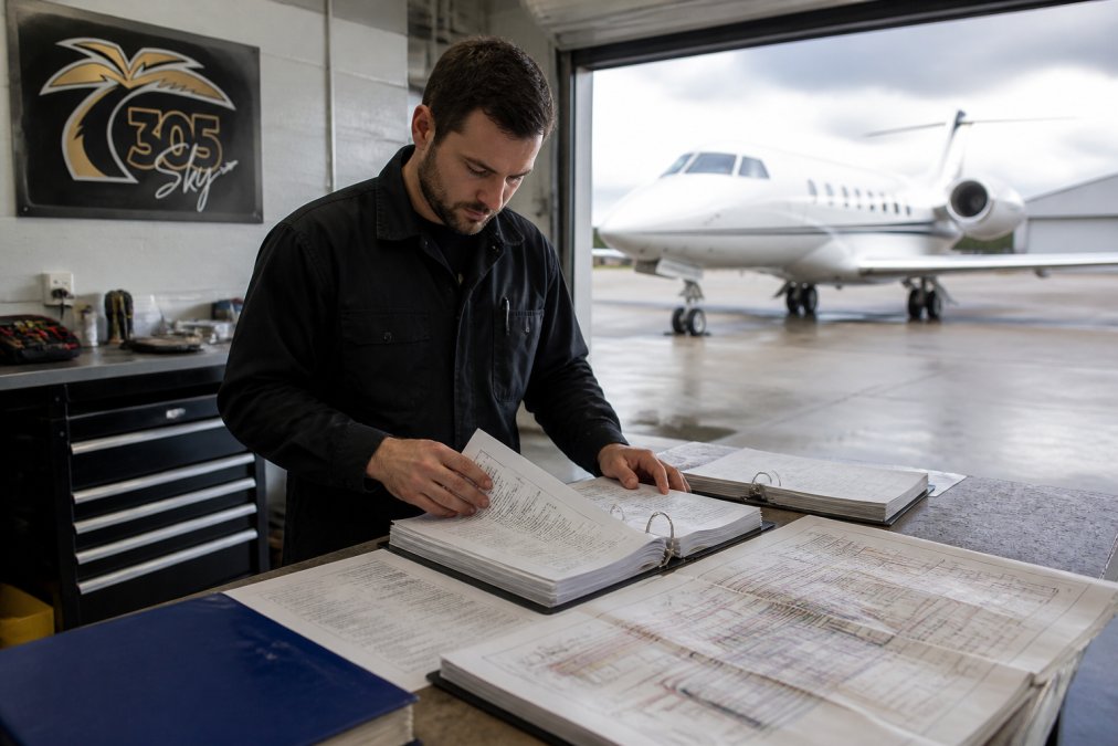 Aircraft technician in a clean avionics shop reviewing logbooks and wiring diagrams on a workbench, with a private jet visible through the hangar door behind him