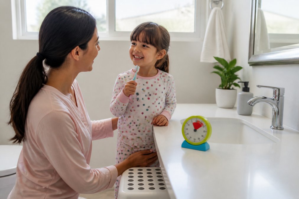 A parent kneeling at a bathroom sink beside a smiling young child who holds a soft-bristled toothbrush, with a colorful two-minute timer on the counter and a small step stool, bright natural morning light