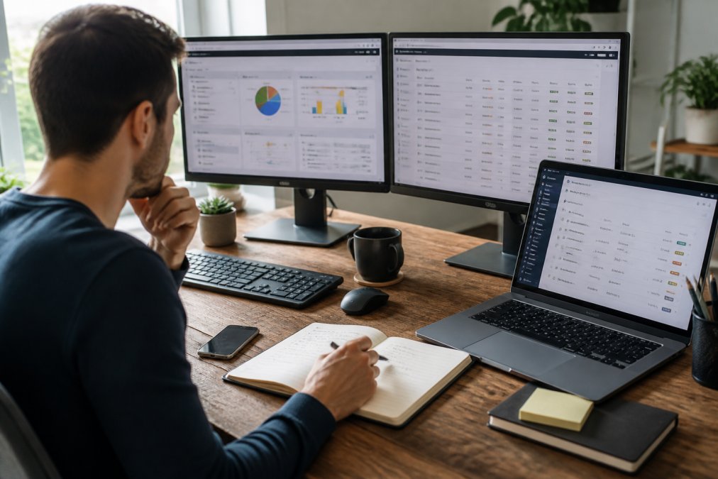 Entrepreneur at desk with multiple monitors displaying business dashboards, laptop open to project management software, notebook with handwritten goals, steaming coffee cup nearby, natural window lighting illuminating organized workspace
