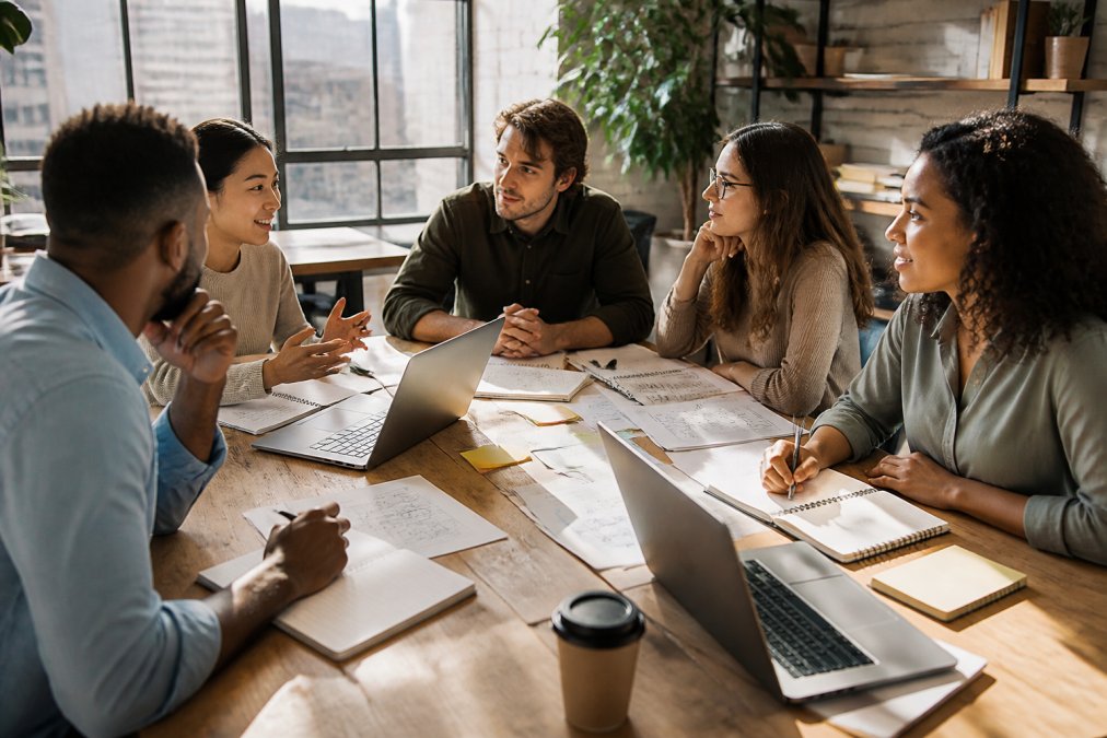 Diverse team of entrepreneurs collaborating around wooden table with multiple open laptops displaying analytics dashboards, notebooks filled with handwritten notes and sketches, planning materials spread out, natural sunlight streaming through large windows, engaged expressions as they discuss strategy