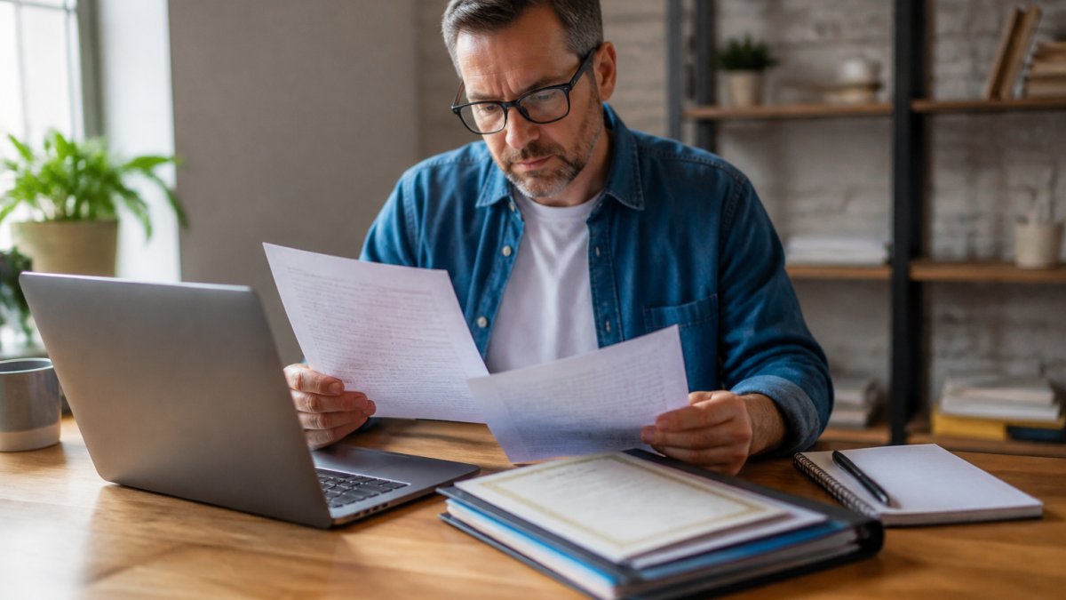 A small business owner at a wooden desk reviewing insurance documents and a laptop, with a folder of certificates and a notepad beside them