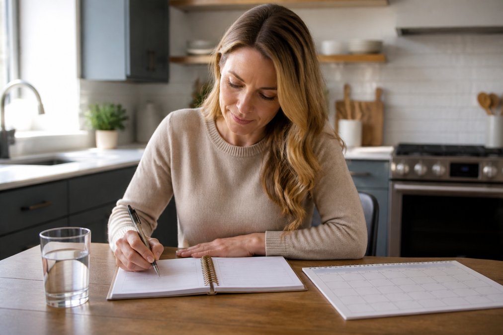 A woman sitting at a kitchen table writing in a symptom tracking journal with a pen, a glass of water, and a calendar nearby, soft natural light