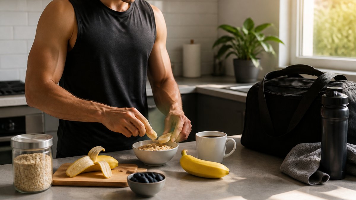 A person in athletic wear preparing a pre-workout snack on a kitchen counter with a banana, oats, and a cup of black coffee beside a gym bag, morning light through the window