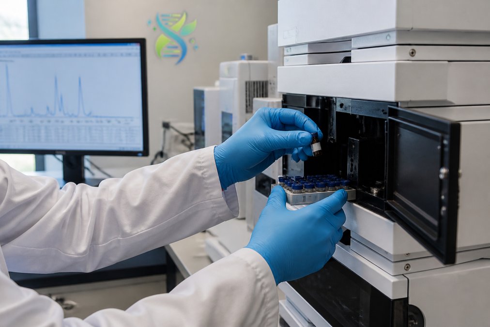 Technician loading a sample into an HPLC machine to analyze peptide purity testing results