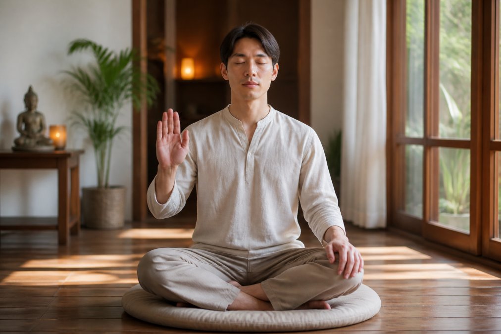 A person sitting cross-legged on a cushion in a quiet room, right hand raised at shoulder height with palm facing outward and fingers extended, soft natural light, serene expression