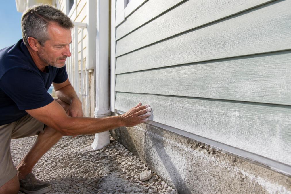 Homeowner inspecting chalky white salt corrosion on coastal home siding near the foundation in sunlight.