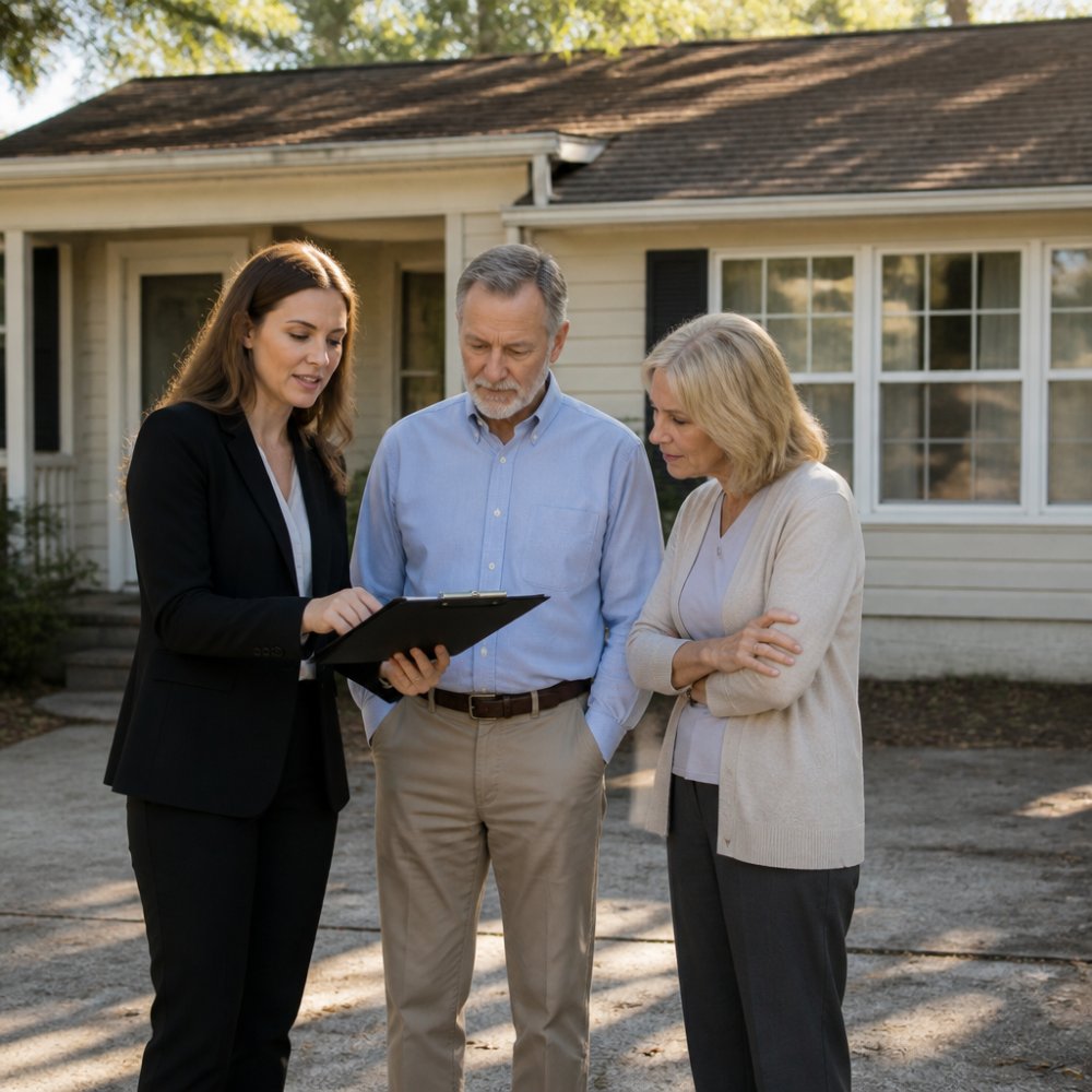 A real estate agent and two adult family members standing in the driveway of an older inherited home, reviewing a clipboard together in warm afternoon light