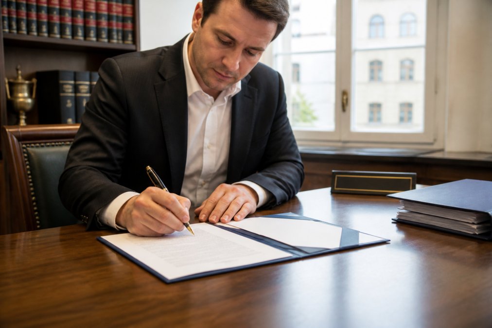 A founder signing incorporation documents at a wooden desk in a bright German notary office, with a fountain pen, folder of papers and a small nameplate visible in the background