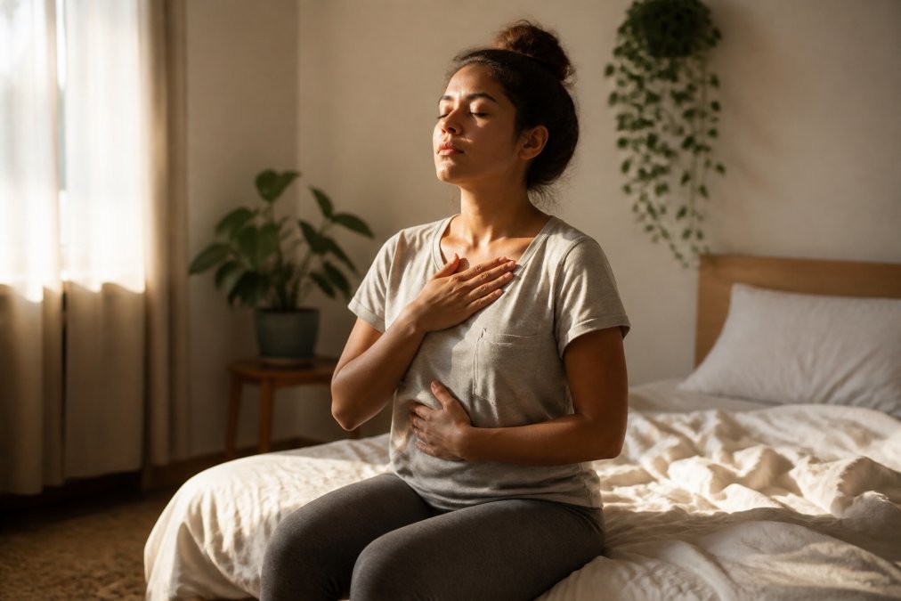 Person sitting on edge of bed in soft morning light with eyes closed, taking a deep breath with peaceful and calm expression