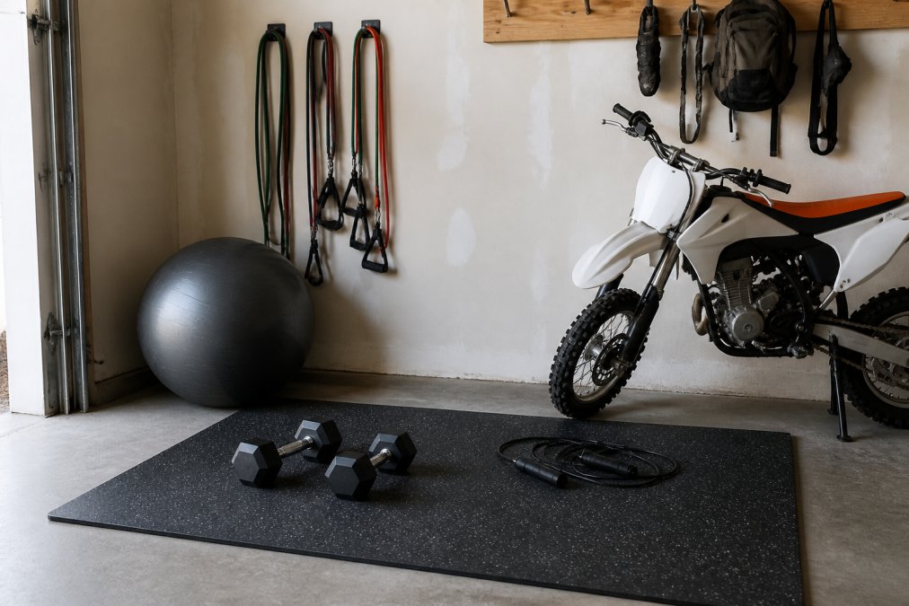 A garage corner converted into a home gym with resistance bands hanging on wall hooks, two dumbbells on a rubber mat, a jump rope, and a stability ball beside a small dirt bike