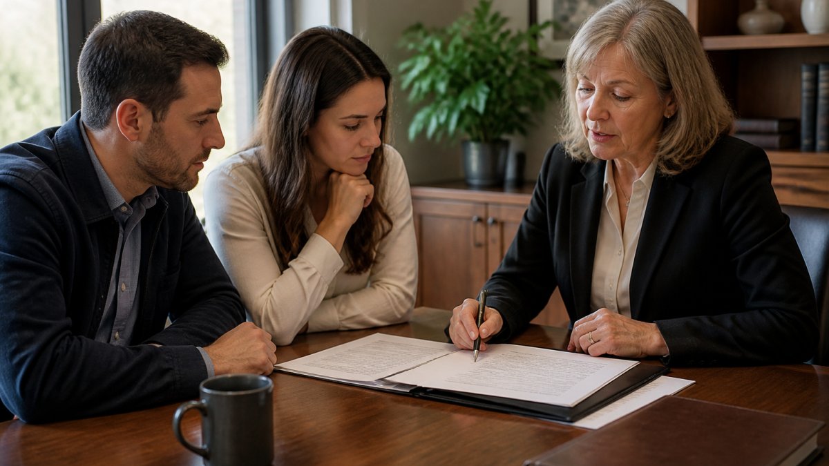 Professional estate planning advisor meeting with adult children at desk reviewing inheritance documents and tax forms with natural office lighting
