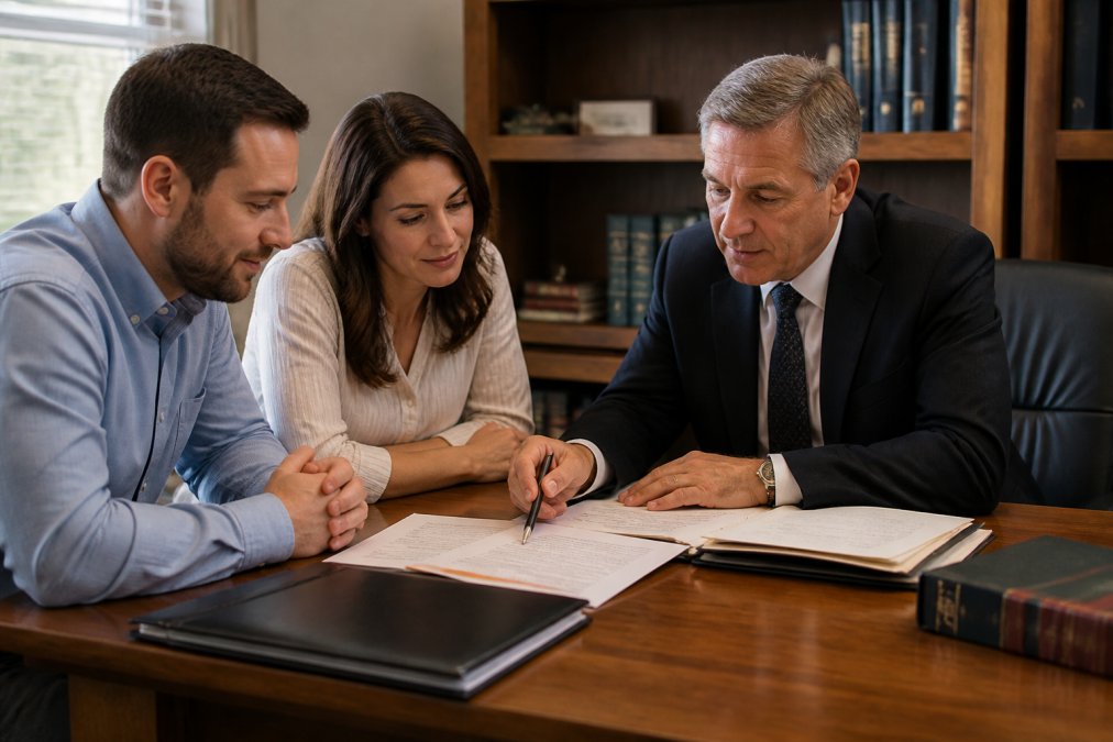 A parent and stepparent sitting with a family law attorney at a desk reviewing adoption documents and paperwork together, with natural office lighting and a professional environment
