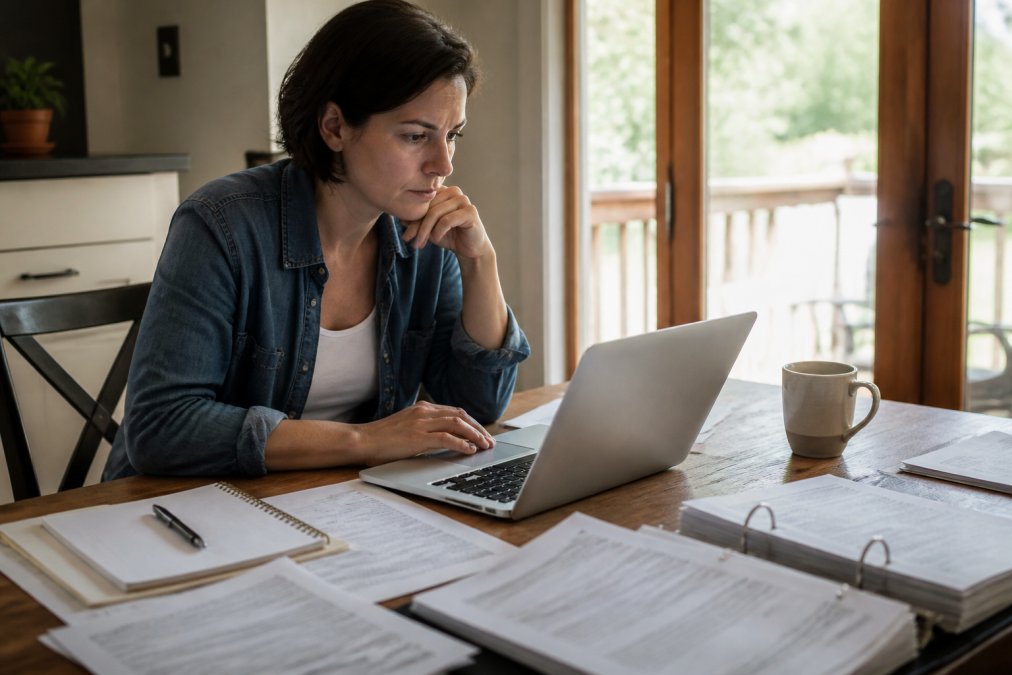 A person at home on a laptop with legal documents, notepad, and pen spread across a desk, appearing focused on reviewing forms in natural daylight