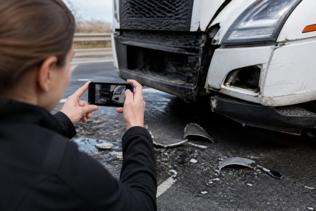 Infographic showing steps to document evidence after a commercial truck collision by photographing vehicle damage.