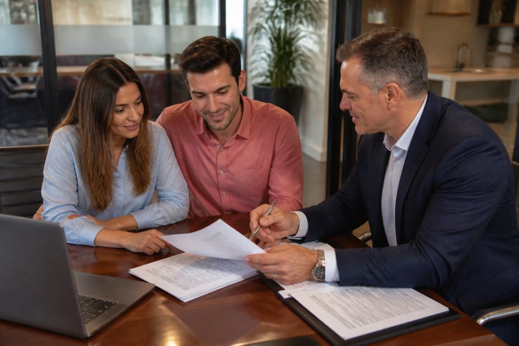 Homebuyer sitting at desk with mortgage lender, reviewing loan estimate documents and mortgage paperwork with laptop nearby in professional office setting