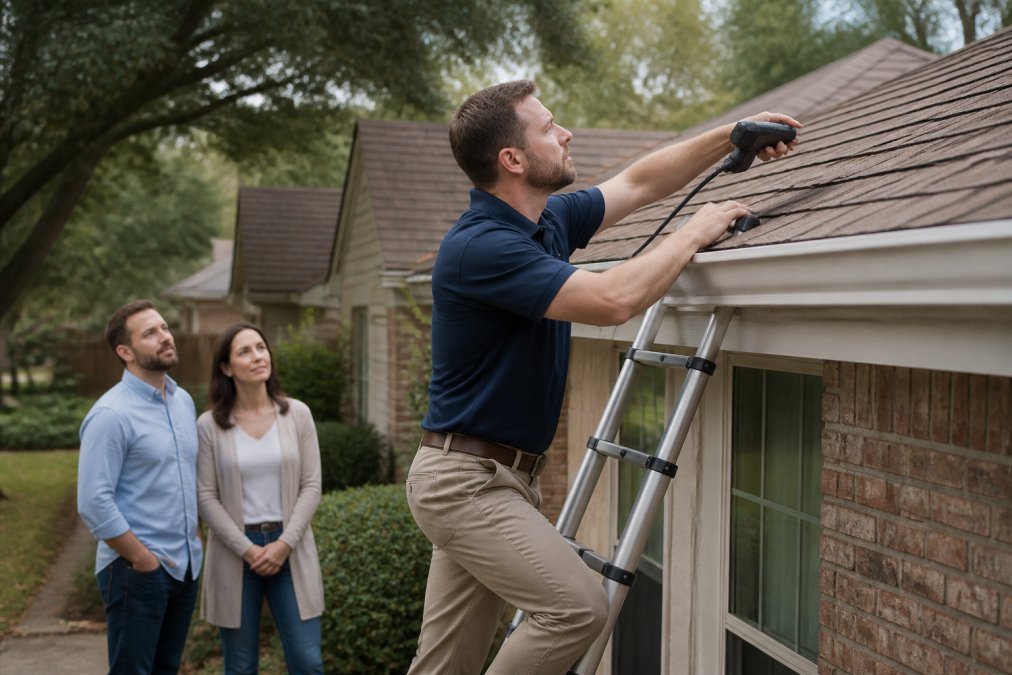 Professional home inspector examining roof structure with specialized equipment and ladder, homebuyers observing in background on residential property