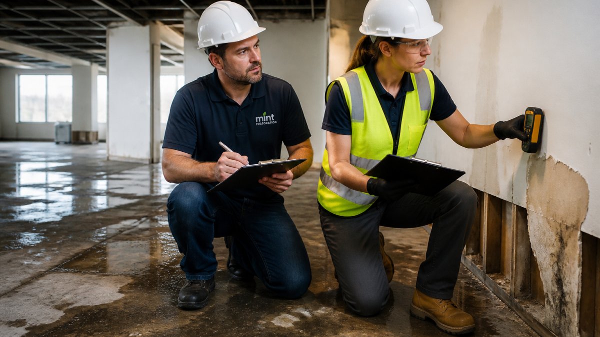 A commercial property manager and a restoration technician in safety gear inspecting water-damaged walls and flooring inside a large office space, holding clipboards and a moisture meter