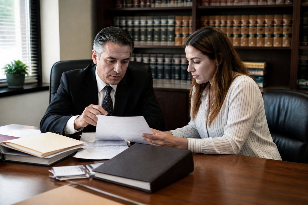 Criminal defense attorney and client reviewing case documents and evidence together at a professional desk in a law office, with case files and legal briefs visible, natural office lighting