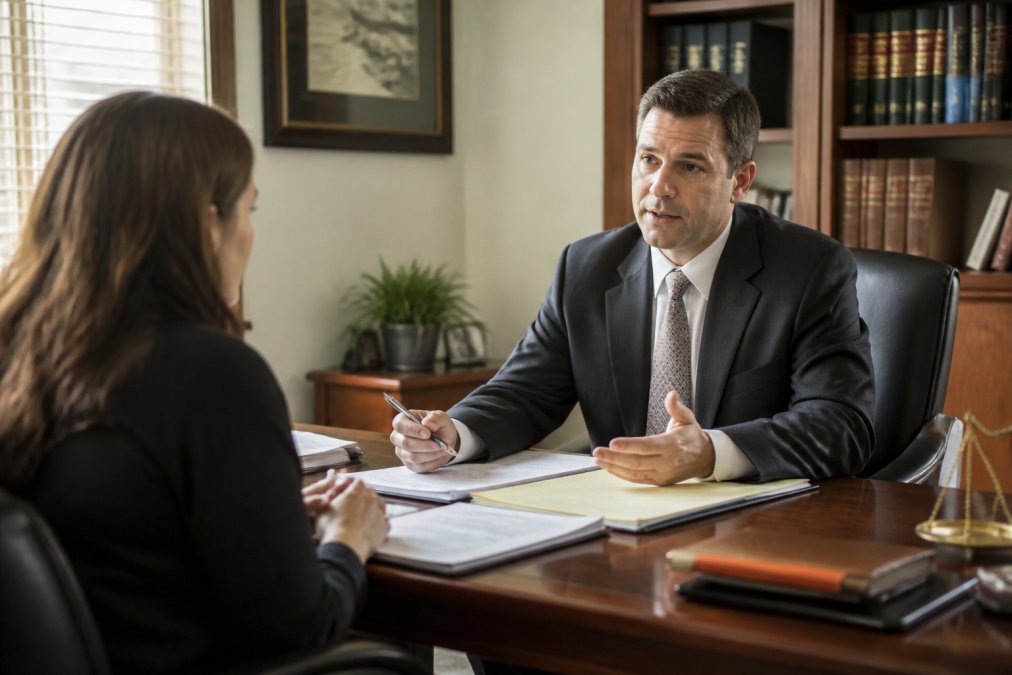 Professional attorney in office meeting with client across desk, discussing documents and legal strategy in a supportive consultation setting with natural lighting