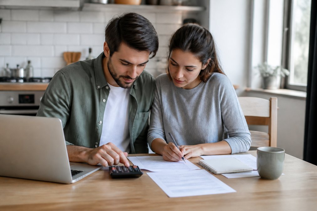 A young couple sitting at a kitchen table with a laptop, calculator, and notepad, reviewing their budget and financial documents together