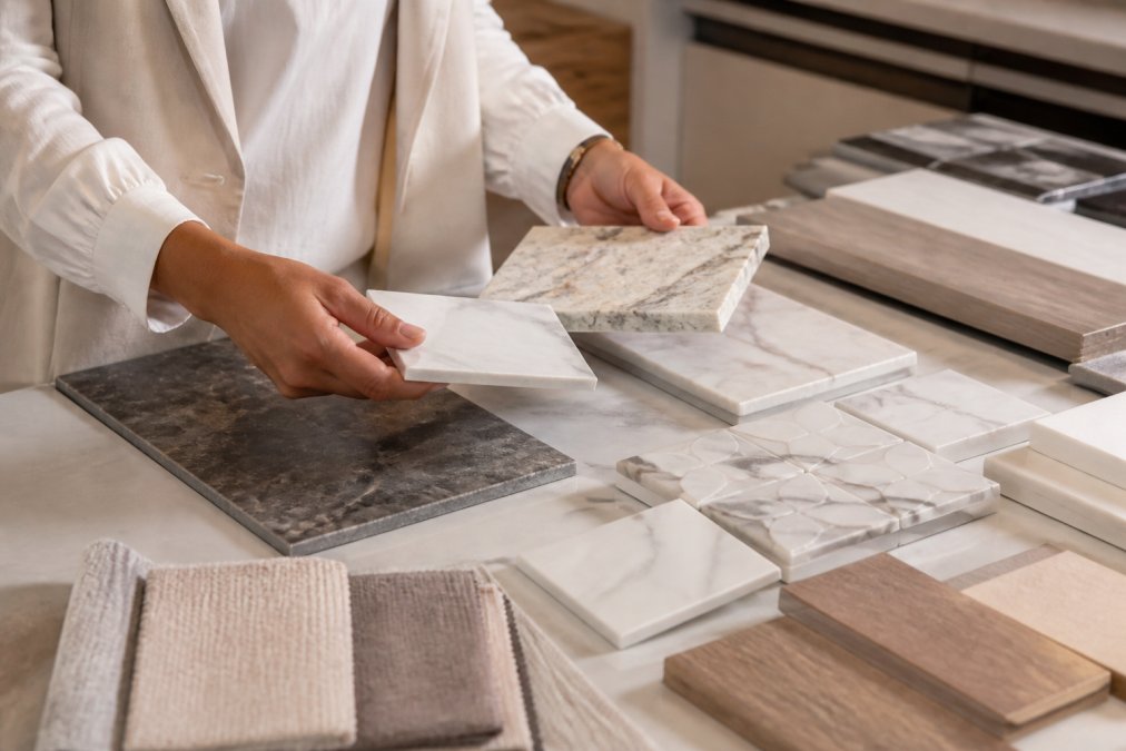 A designer's hands selecting marble and quartz samples for a luxury kitchen countertop, with material swatches spread across a table under warm studio lighting