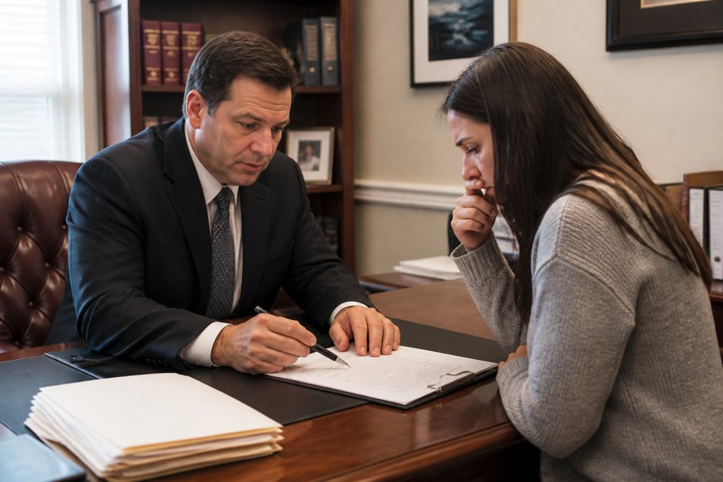 An attorney sitting across a desk from a grieving family member, reviewing legal documents together in a quiet law office with warm, soft lighting and bookshelves in the background
