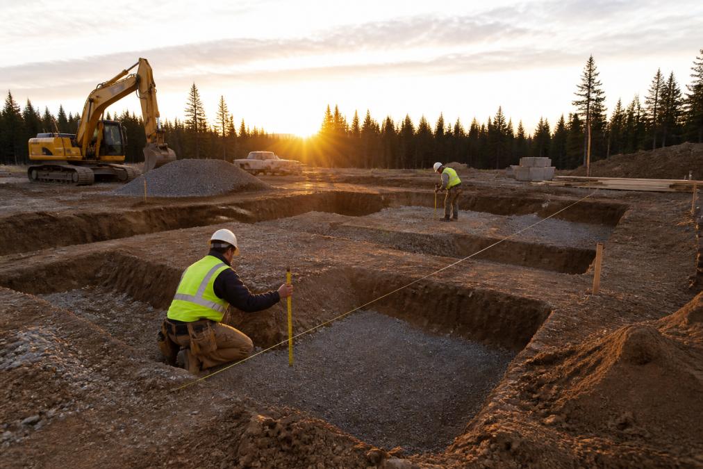 Construction site with freshly excavated foundation, workers in safety gear measuring and preparing the ground, morning light casting shadows across the work area
