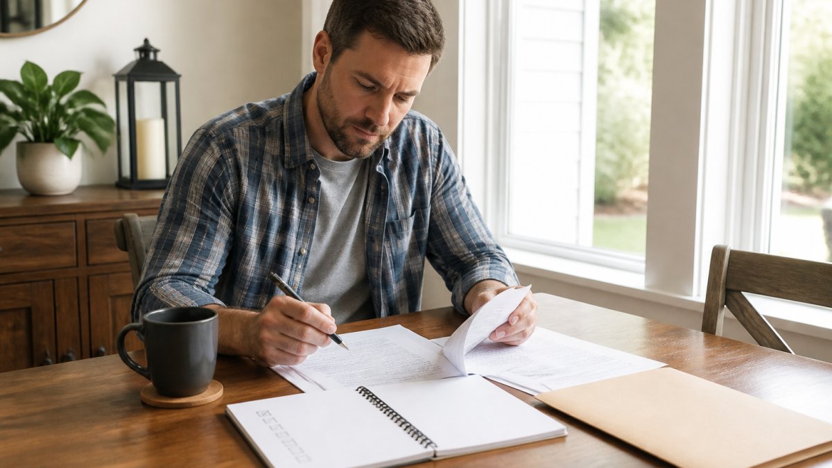 Homeowner at dining table reviewing closing documents with pen and checklist, coffee nearby, focused expression, natural morning light from window