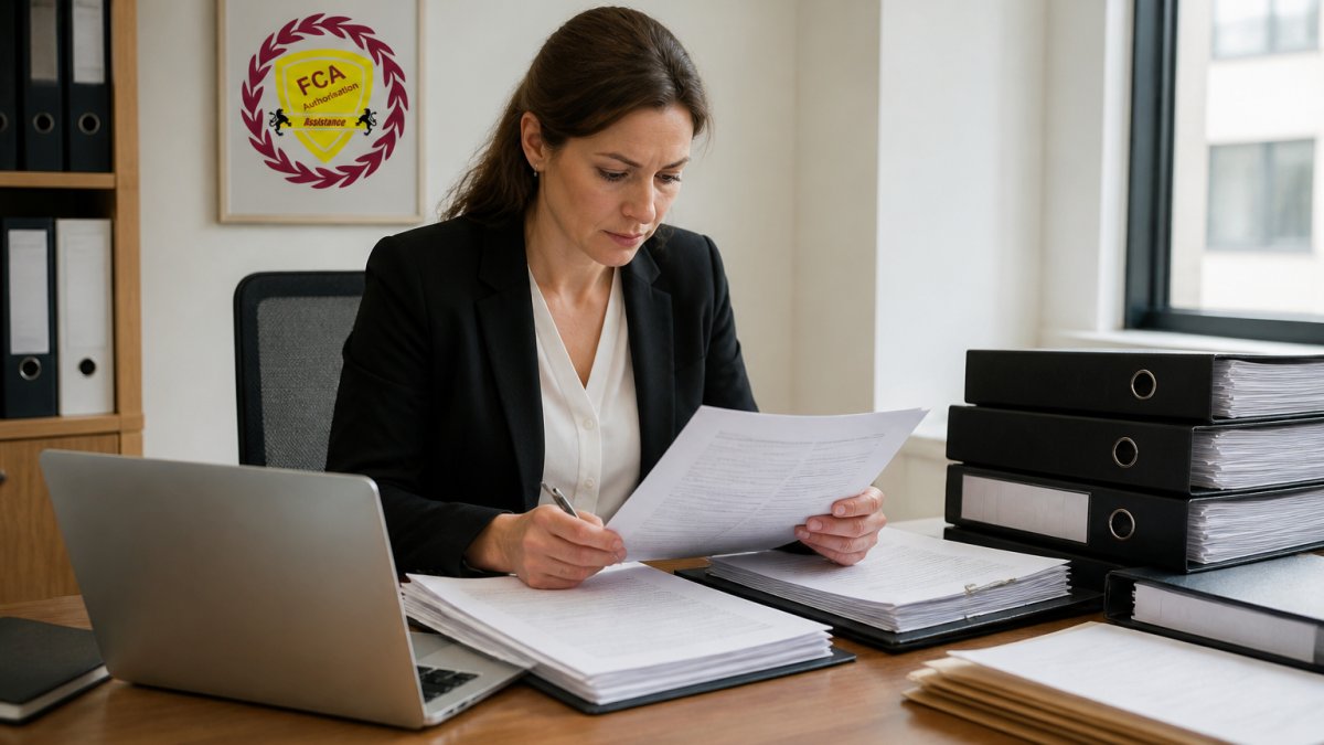 Professional compliance officer reviewing multiple FCA application documents and regulatory folders at a wooden desk with laptop and organised filing system in bright office lighting