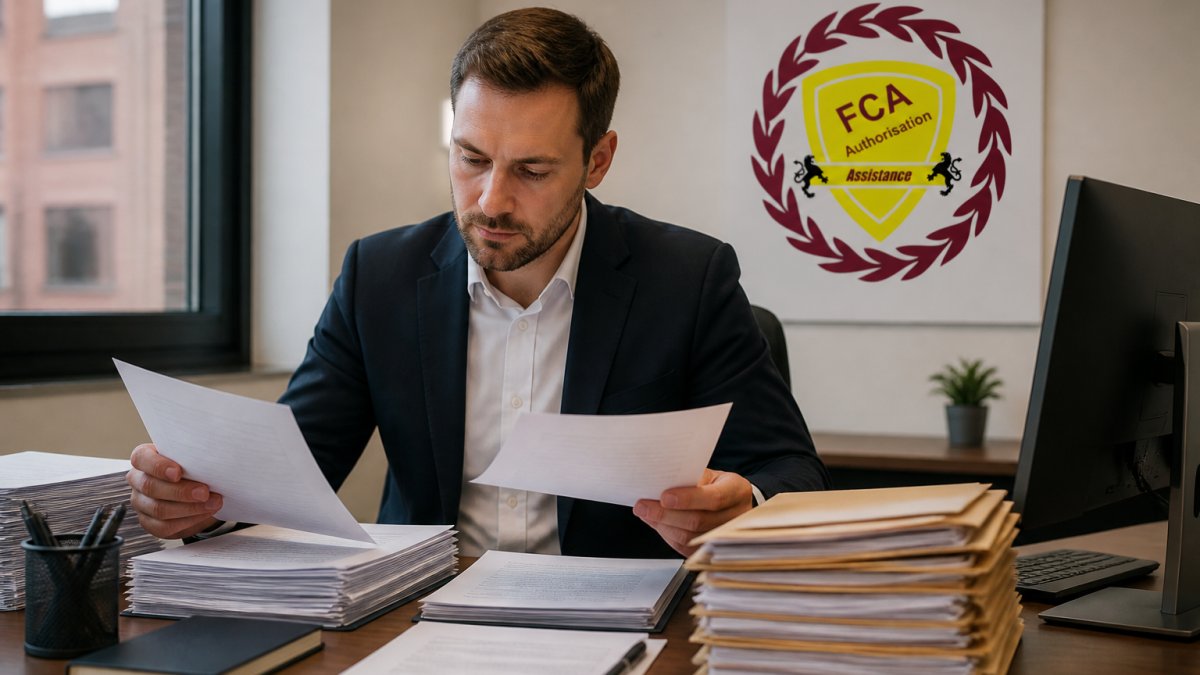 Compliance professional reviewing stacks of regulatory documents and application forms at a desk with computer monitor displaying FCA guidance materials in modern office